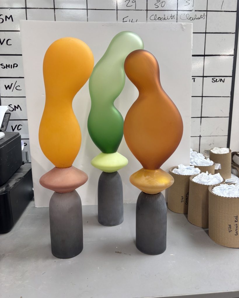 The Chattering classes, Each character has a different colour and snuggles in conversation with each other. Hand made and blown, each totally unique. The conversations get louder the more they group.