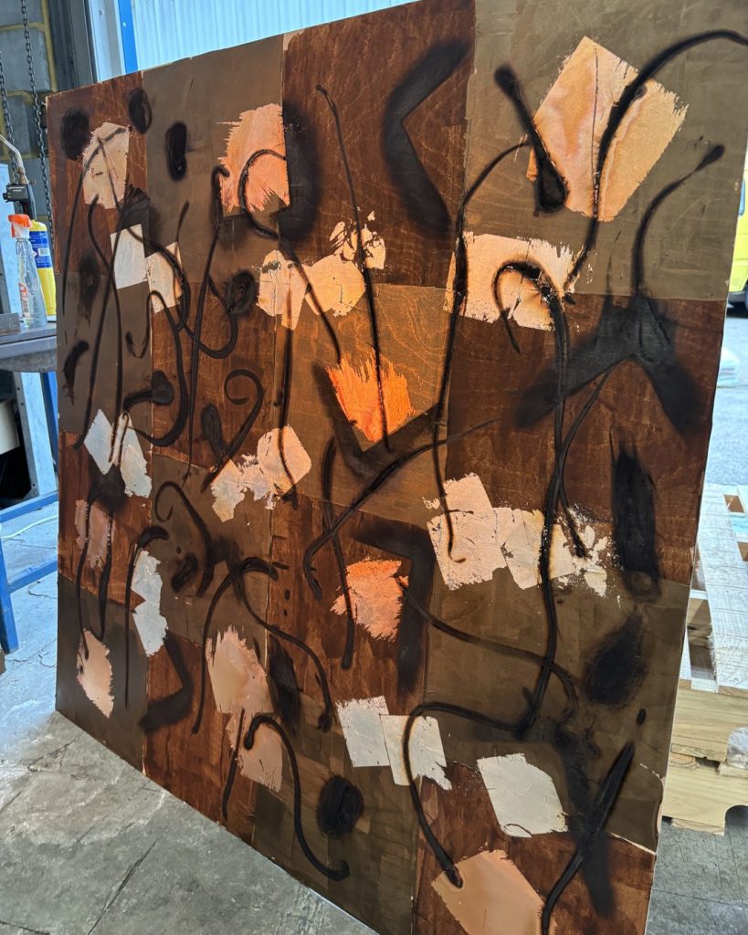 Burnt Routes 1.2meter square board, painted, gilded, and burnt with molten glass.